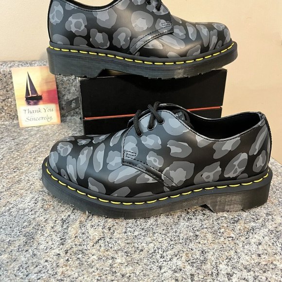 Dr. Martens‎ 1461 Distorted Leopard / Skull Print Oxfords Black Grey Womens Sz 5 - Picture 2 of 9